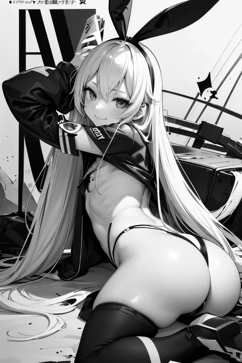 shimakaze,ink art,(black and white comic core:1.3),(extreme high contrast),Shadow on face,Long Hair,Flat Chest,Small Chest,masterpiece,Noise Reduction,Perfect Anatomy, Super detailed,Dutch Angle ,Beautiful fine details,Five Fingers, Perfect hands,suit、smil...