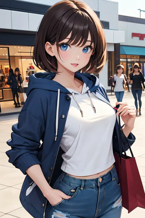 １woman、Personifying cosmetics 、 pale colored lip gloss to color cute lips、 with characters 、 vibrant lips that seem to pop 、Upper body photo、１人の30代woman、 slim figure、 small breasts、 short hairstyle 、 brown hair、 blue eyes、 white t-shirt 、maroon hoodie、 bla...