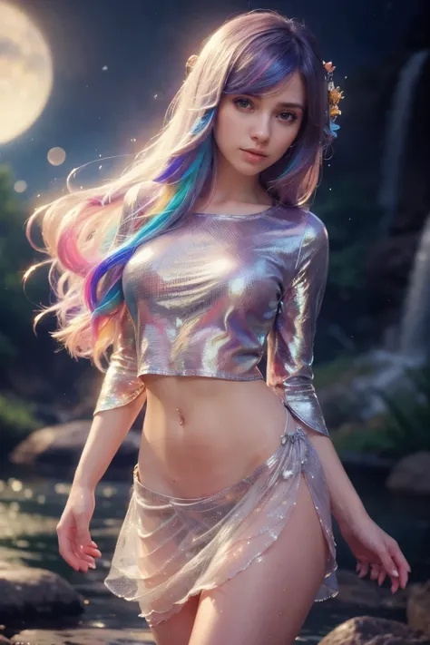 Best quality, realistic, detailed face, masterpiece, cute, beauty, scales skin, colorful hair, full body, small breast, seethru shirt, no panties, detailed vagina, semi naked, dark light, lakes, waterfall, night with planet background