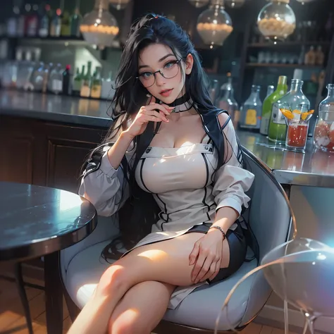 action shot a picture of a curvy woman (Masterpiece 1.5, intense details), full body, sitting in a bar, sipping a cocktail, wearing a white mini dress, slightly hiding the edge of white silk stocking, wearing high heels, smirking, glasses, black choker (in...