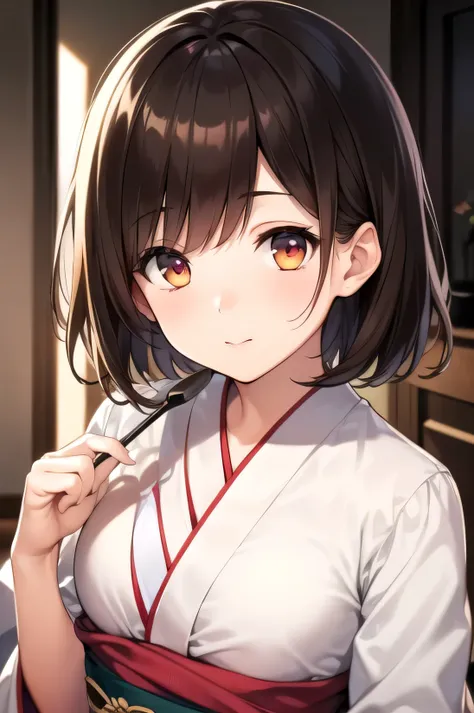 ( best resolution :1.3)( better quality : 1.5)( best illustration : 1.3), 4k,  dark brown hair ,  short hair length , ( finely detailed eyes : 1.3) orange eyes, light skin,  slim build ,  medium breasts ,  simple white kimono , 159 cm height .
