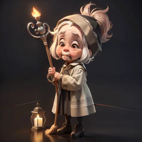 a very small old woman with a staff in her hand, very old, small, shorty, staff, (cartoon style), (3d styel)