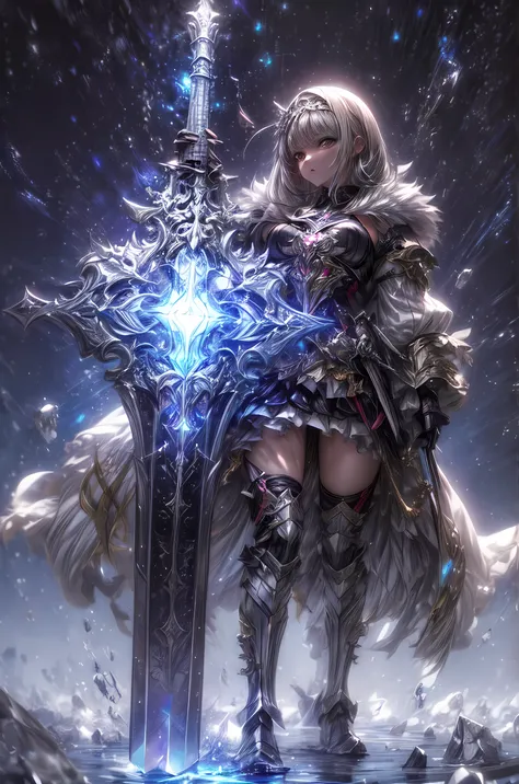 she has a large Sword that is twice the size of her body. Anime illustration of a girl. The Sword has a complicated pattern. Skull accessories. dynamic angle. minimalist background. Octane rendering. Masterpiece, highest quality, highly detailed CG Unity 8...