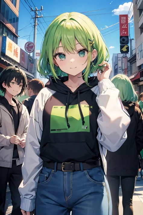 people、belt、 hoodies 、smile、一people、 green hair