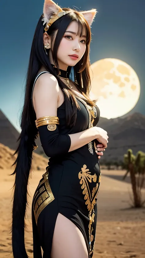 A stunning CG artwork of Bastet, the ancient Egyptian goddess, reimagined as a beautiful anime-style girl. She has cat-like features including sleek black cat ears and a tail, with glowing emerald-green eyes. She wears elegant, Egyptian-inspired attire in ...