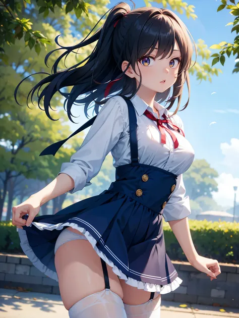 (( best quality)), ( high definition ), (( Very detailed))、(masterpiece)、A high school girl with disheveled, adult-like hair wears a mage dress、Im wearing a cute bra and cute panties、(Im wearing knee-high stockings)、(Dancing in the park )、Cute nipple shape...