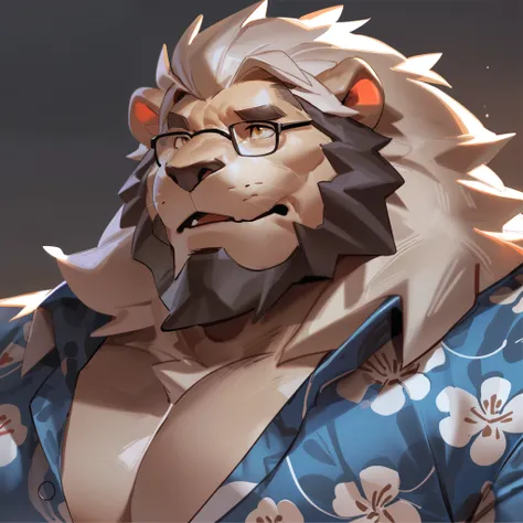 lindong, digital art, masterpiece, solo, 1boy, 1man, portrait, face shoot, Huge muscular, furry white lion, old, bearded, glasses, face, hawaiian shirt, head shot, detailed ,detailed muscle, background