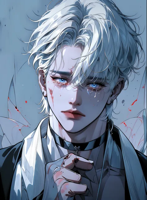 boy,  wolf cut hair style,(( white hair)),  sharp features,   white skin  , ((흰색  test subject  옷,  test subject )),   dark lab background  , ( black choker ) , ((Im holding my neck with both hands)), (While shedding tears ),  (Blue eyes) , whole body,  as...