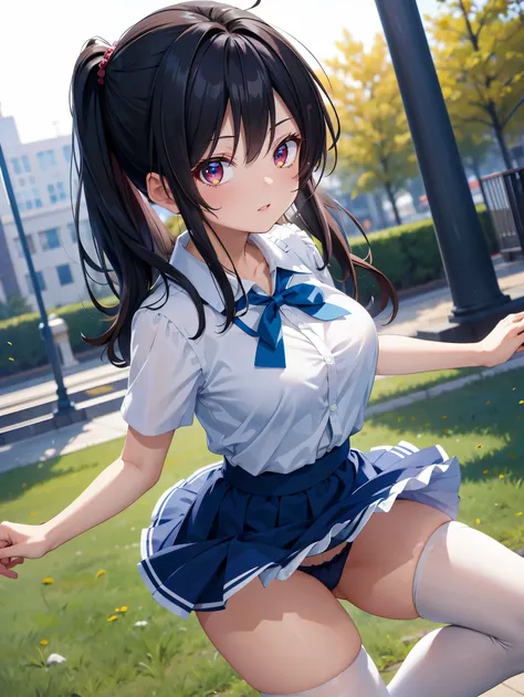 (( best quality)), ( high definition ), (( Very detailed))、(masterpiece)、A high school girl with disheveled, adult-like hair wears a mage dress、Im wearing a cute bra and cute panties、(Im wearing knee-high stockings)、(Dancing in the park )、Cute nipple shape...