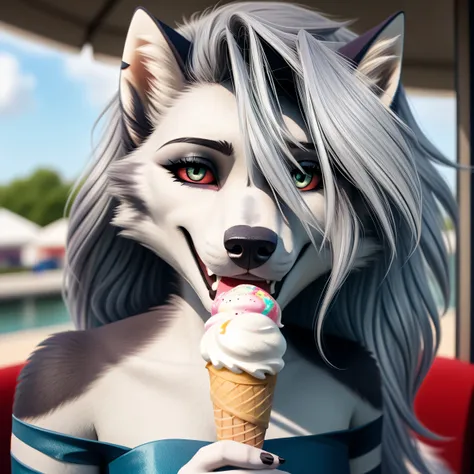a close-up of a person holding an ice cream cone, sweet girl, woman with wavy silver hair, bangs, tender green dress, Loona Hellhound.