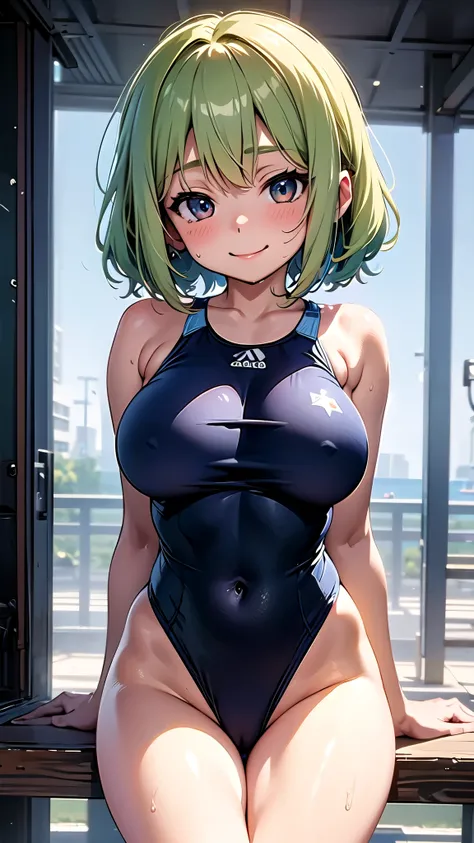 master piece,detailed,(((best quality))), ((((loli)))),(((cute))), ((petite)),(((big breasts))),orgasm,light green hair,arms behind back,sitting,smile, (darkblue one-piece swimsuit),1girl,wet,breasts focus,upper body