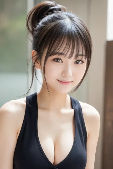 Sleeveless,  ponytail, Japanese women, 8k, Legal Photography, Best Quality, masterpiece, Realistic, Photorealistic and highly detailed, One Woman, cute, smile,  beautiful eyes, Long Hair,  perfect face, Face Like a Japanese Idol ,Cleavage、Looking at the ca...