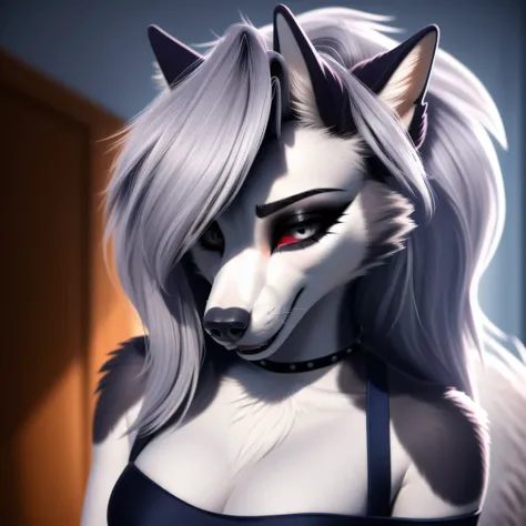 Realistic photo of (1 cute Loona Hellhound), long straight hair, thin makeup, medium breasts, long dress, close up, Canon EOS clear facial features 8K high resolution, sharp detail, realistic all.