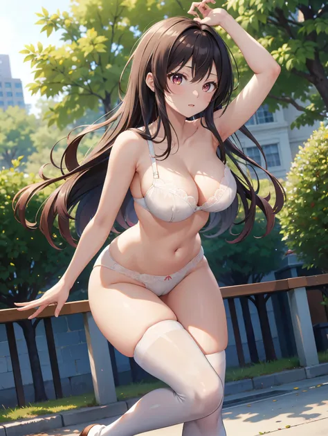 (( best quality)), ( high definition ), (( Very detailed))、(masterpiece)、A high school girl with mature disheveled hair is taking nude photos、Im wearing a cute bra and cute panties、(Im wearing knee-high stockings)、(Dancing in the park )、Cute nipple shape、(...