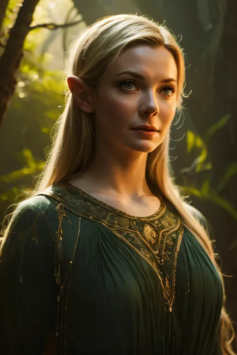 Half-body portrait. Galadriel in a Magic Forest. Detailed face, intricate, realistic, 4K, skin Textures, glowing, masterpiece, best quality.