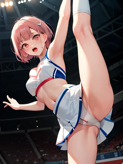 nsfw. Shes wearing a cheerleader costume with a cute design, and her miniskirt and bright bow are eye-catching. The background is a soccer stadium illuminated by the night sky, and the lighting creates a dramatic atmosphere. She is cheering in a pose with ...