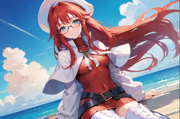 summonnightaty, aty, (young:1.3),long hair, blue eyes, red hair, big_tits, hat, glasses,
BREAK long hair, thighhighs, hat, dress, naked_legs, glasses, belt, cape, sweater, zettai ryouiki, beret, thigh boots, white footwear, ribbed sweater, loose belt,solo,...