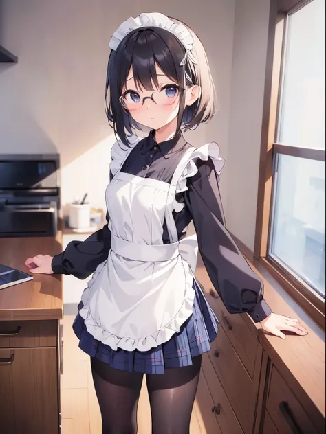 ((1 person))、((Alone))、Maids in their 20s pose and take pictures、 facing the front、 from head to thighs、Watching 、 real、(Small face)、( standing)、(( Small breasts))、((Cutting board))、( black pantyhose)、( half up)、victory、Tsundere、Single Knot、(Maid uniform)、...