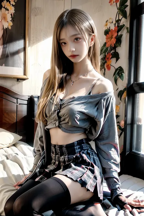 Japanese、Model、Big Breasts、Blonde、 school uniform、tights、 shows shoulders、 cleavage visible、 belly button visible 、 bed、 sitting、Floral、evening、Shadows cast