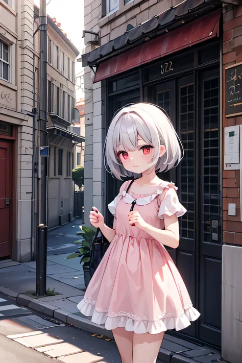 A girl with silver hair,Red eyes,Standing in a warm sunlight street,wearing a short cute dress(dress colour is babypink)