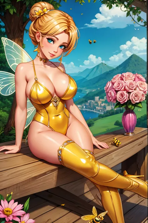 sexy bee girl, honey, 25 year old woman, fairy, sitting on a flower