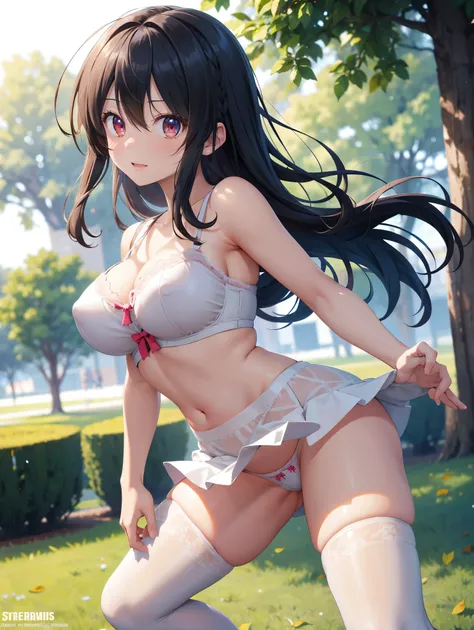 (( best quality)), ( high definition ), (( Very detailed))、(masterpiece)、A high school girl with mature disheveled hair is taking nude photos、Im wearing a cute bra and cute panties、(Im wearing knee-high stockings)、(Dancing in the park )、Cute nipple shape、(...