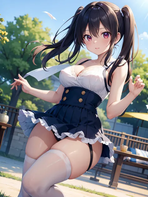 (( best quality)), ( high definition ), (( Very detailed))、(masterpiece)、A high school girl with mature disheveled hair is taking nude photos、Im wearing a cute bra and cute panties、(Im wearing knee-high stockings)、(Dancing in the park )、Cute nipple shape、(...