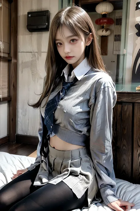 Japanese、Model、Big Breasts、Blonde、 school uniform、tights、 shows shoulders、 cleavage visible、 belly button visible 、 bed、 sitting、evening