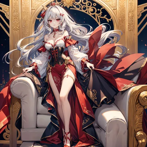 anime-style illustration of a beautiful 23-year-old vampire empress, 160cm tall. Medium flowing silver hair, Sharp red eyes, (eyes highlight), glamorous figure. Wearing an elegant scarlet off-shoulder short dress with dark corset, choker necklace. Big Gold...