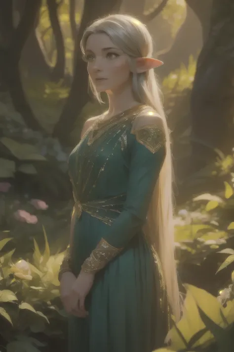 Galadriel, a radiant elven queen, standing gracefully in a magical elven forest bathed in soft, ethereal light. She is wearing a flowing green dress adorned with intricate golden embroidery, reminiscent of delicate vines and leaves, perfectly complementing...