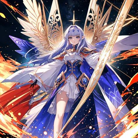 Ethereal battle scene， anime style, a handsome men, celestial high elf-seraph hybrid, 20yo appearance, long starry dark blue hair with golden highlights, iridescent eyes, slender muscular build, 185cm tall, ornate white and gold battle robes, six luminous ...