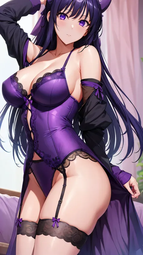 Akane Ryuzoji、 (  best quality) 、 (  best quality) 、(masterpiece)、(8k resolution),Beauty、(  looks like an adult )（  perfect style ）、( Big Breasts )、 、Dark blue long hair、 Purple ribbon 、  unbearable ecstasy 、（Get closer）、 purple lace garter belt、Purple lac...