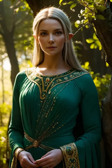 Galadriel, a radiant elven queen, standing gracefully in a magical elven forest bathed in soft, ethereal light. She is wearing a flowing green dress adorned with intricate golden embroidery, reminiscent of delicate vines and leaves, perfectly complementing...