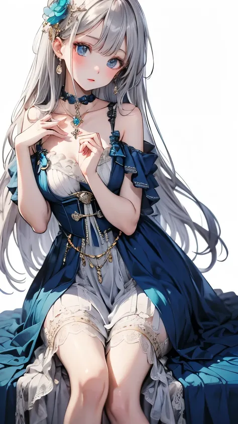 (masterpiece),(highest quality:1.2),(Perfect sexy Anatomy),Exquisite detail,((1 Girl)),sexy figure,Long silver hair,((Flat Chest)),Beautiful and exquisite blue eyes,Royal blue long dress,Aqua blue shawl draped over shoulders,Blue Footprints,(White backgrou...