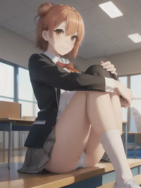 Sitting in a gymnasium on the floor with knees up and arms wrapped around the legs. White panties are visible. BLACK HIGH SOCKS.  short hair, ( Brown Eyes :1.5), ( orange hair:1.2), Hair Bun, single Hair Bun, smile,
break skirt,  shirt, ribbon,  school uni...