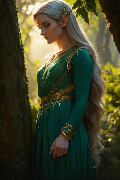Galadriel, a radiant elven queen, standing gracefully in a magical elven forest bathed in soft, ethereal light. She is wearing a flowing green dress adorned with intricate golden embroidery, reminiscent of delicate vines and leaves, perfectly complementing...