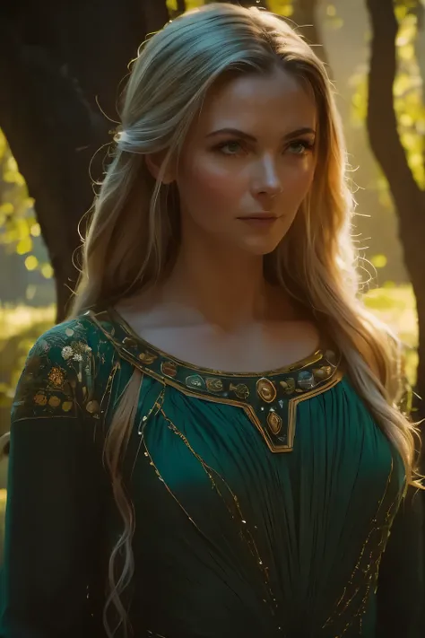 ((close-up face)). Galadriel, a radiant elven queen, standing gracefully in a magical elven forest bathed in soft, ethereal light. She is wearing a flowing green dress adorned with intricate golden embroidery, reminiscent of delicate vines and leaves, perf...