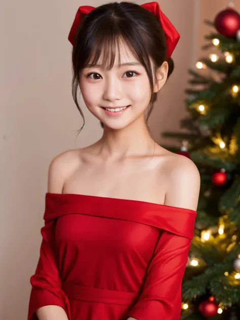 Japanese elementary school girl  face too thin Christmas party smile off-shoulder red see-through topless