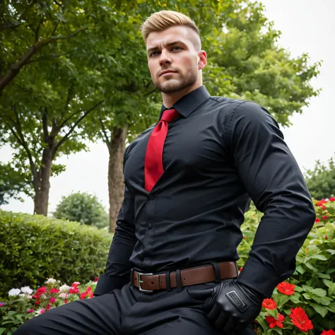 35years old, One Man,、 black shirt、Red tie、 black slim pants 、 Black Gloves 、、Combatant、 carrying a pistol around the waist、garden、　 sit with legs open。short hair 、更にshort hair 、 undercut 、Stubble　Muscular　blond american face　 black shirt 　View from below　...