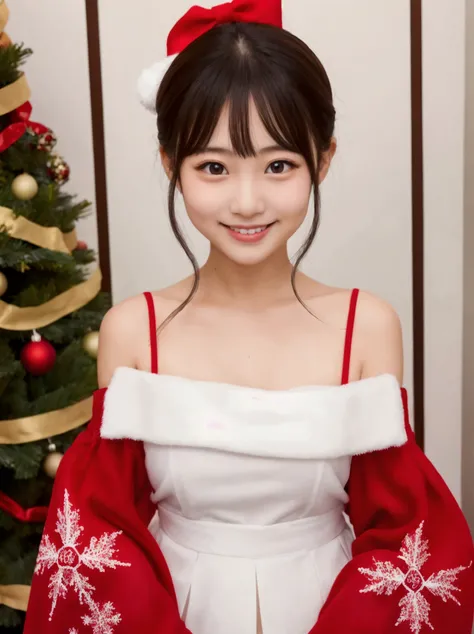 Japanese elementary school girl  face too thin Christmas party smile off-shoulder red see-through topless