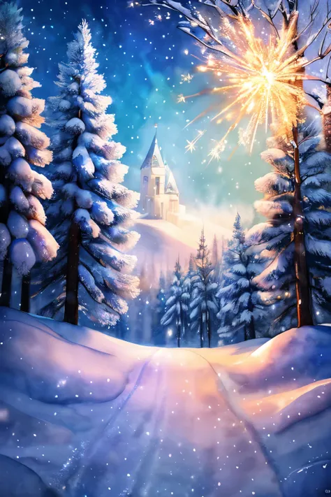  Winter landscape with snowy trees atmospheric ,  hyperrealistic , 8k,  armor epic composition,  Cinematic , SOFT COLORS, watercolor photography , White glitter, White sequins, Bubbles, sparklers ,  using muted colors and soft lighting to create a nostalgi...