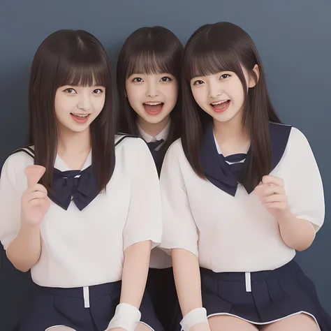 (Highest quality, masterpiece:1.2), Highest quality, High resolution, 1080P, 8k, (Two 14yo Japanese beautiful girl idols are seated and give strong subliminal sexual invitation and temptation, undressing navy uniform, cute skirt with beautiful knees, looki...