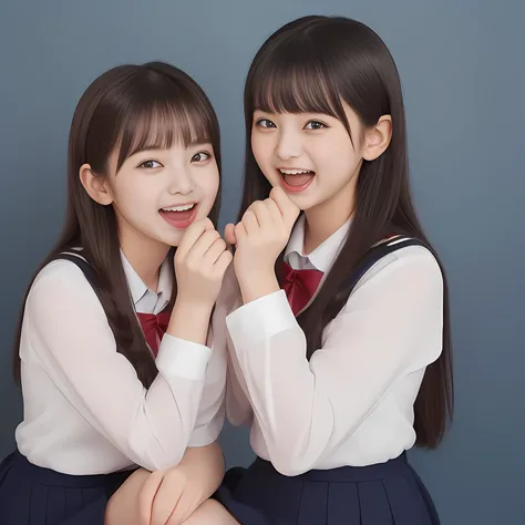 (Highest quality, masterpiece:1.2), Highest quality, High resolution, 1080P, 8k, (Two 14yo Japanese beautiful girl idols are seated and give strong subliminal sexual invitation and temptation, undressing navy uniform, cute skirt with beautiful knees, looki...