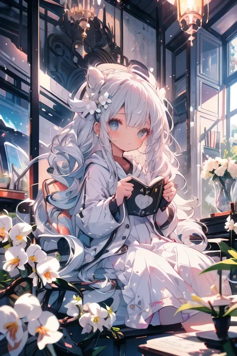  Silver Hair、 long hair、 pretty girl、 cute、Cang Tong、Read a book、Quiet、Looking up、sit、 White Dress 、 hoodies 、White Orchids 