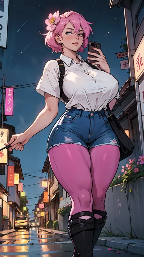 Beautiful woman, street at night with lights, fiddling with smartphone, hot pants, fragrant pink flowers, passers-by, gradation of night scene, fine details, subtle tones,  massive huge saggy breasts, huge insane saggy breast tranquility floating on the sc...