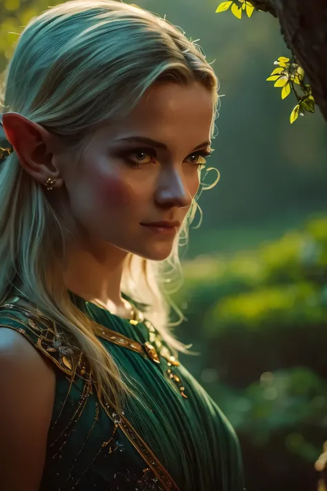 ((close-up face)). Galadriel, a radiant elven queen, standing gracefully in a magical elven forest bathed in soft, ethereal light. She is wearing a flowing green dress adorned with intricate golden embroidery, reminiscent of delicate vines and leaves, perf...
