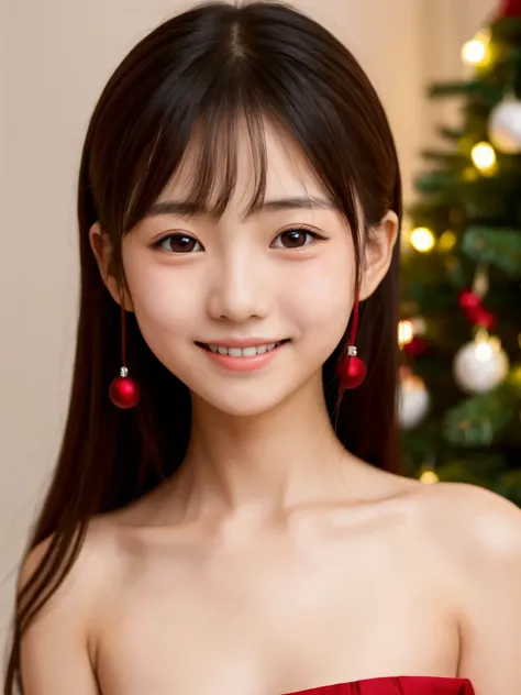 Japanese elementary school girl  face too thin Christmas party smile red see-through topless