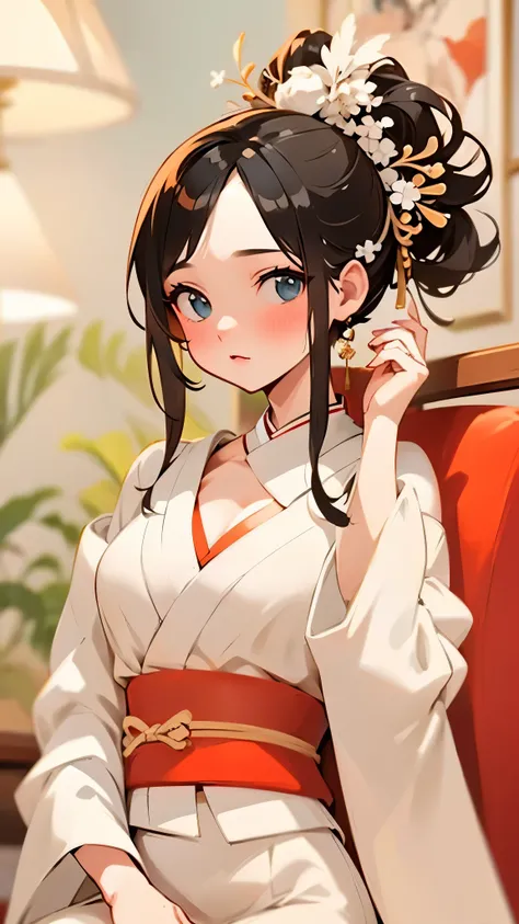Tabletop, Highest quality, Very delicate and beautiful girl, Very delicate and beautiful, World Masterpiece Theatre, Very detailed, Very detailed, Highest quality, Very beautiful silky black hair,kimono, Japanese Clothing, calm color kimono, natural color ...