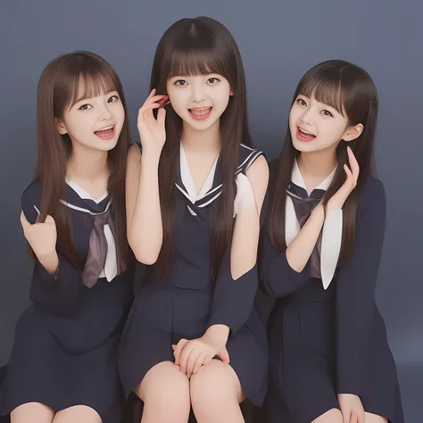 (Highest quality, masterpiece:1.2), Highest quality, High resolution, 1080P, 8k, (Two 14yo Japanese beautiful girl idols are seated and give strong subliminal sexual invitation and temptation, undressing navy uniform, cute skirt with beautiful knees, looki...