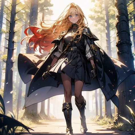 masterpiece, is the best quality, high resolution,Perfect light and shadow,8k wallpaper,illustration, ray tracing , A Lovely Girl , blond hair,Straight Hair, blue eyes,forest,Full body portrait,Lakeside,Metallic Armor , Metallic miniskirt, Metallic boots ,...